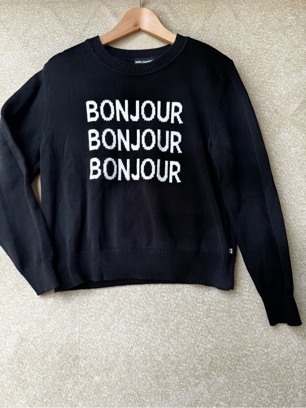 Karl Lagerfeld Black Sweater with White 'BONJOUR' Text